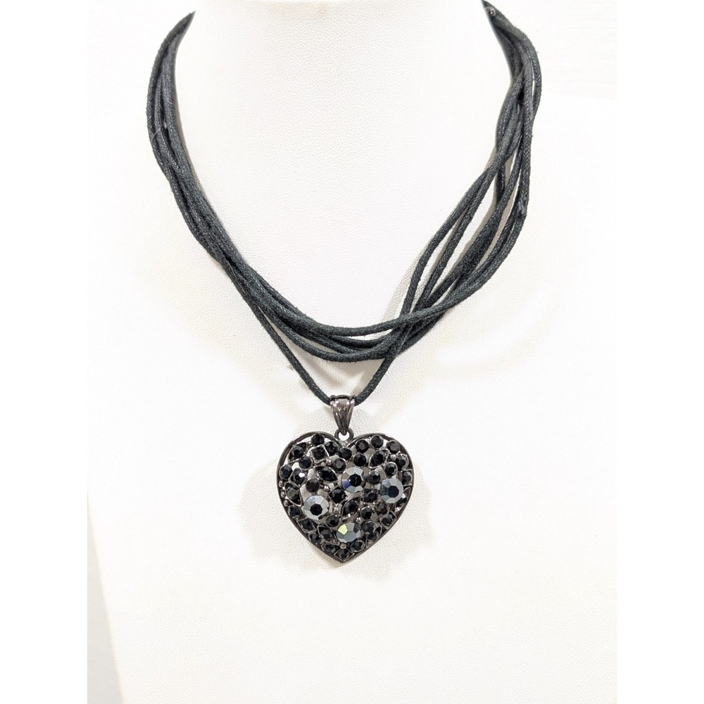 Black Heart Pendant Necklace Gothic Rhinestone Multi Cord Y2K 17"